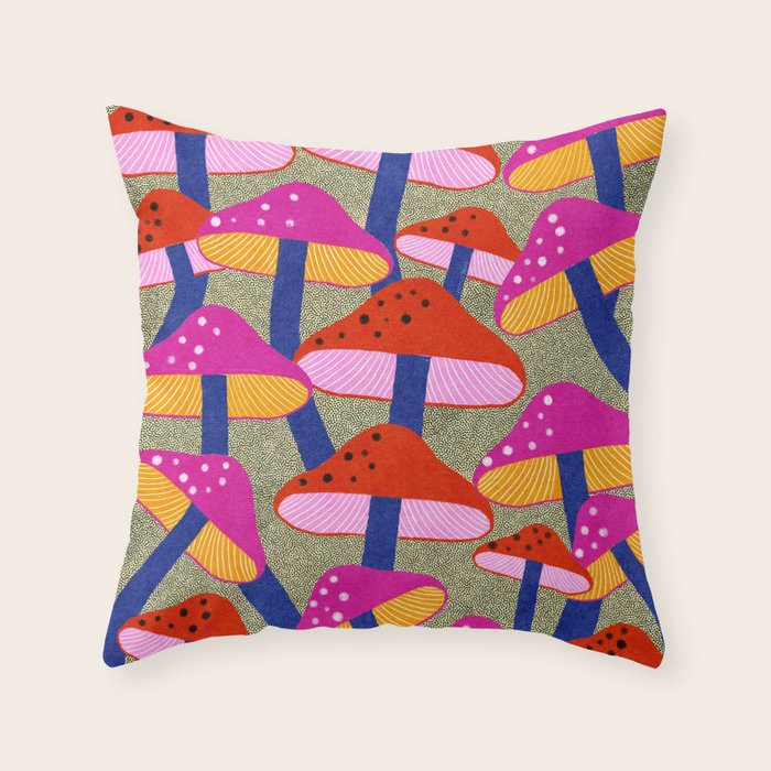 Red and Pink Mushroom print - Amsterdam Market Throw Pillow Gallery Image 6