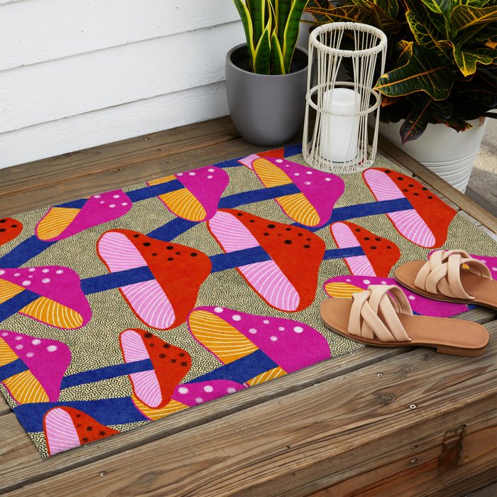 Red and Pink Mushroom print - Amsterdam Market Outdoor Rug Gallery Image 2