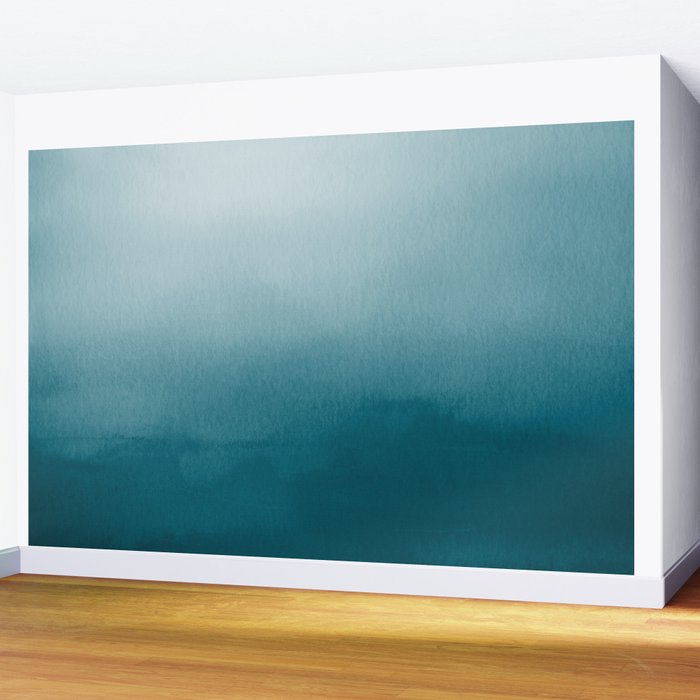 Tropical Dark Teal Inspired by Sherwin Williams 2020 Trending Color Oceanside SW6496 Watercolor Ombre Gradient Blend Abstract Art Wall Mural Gallery Image 2