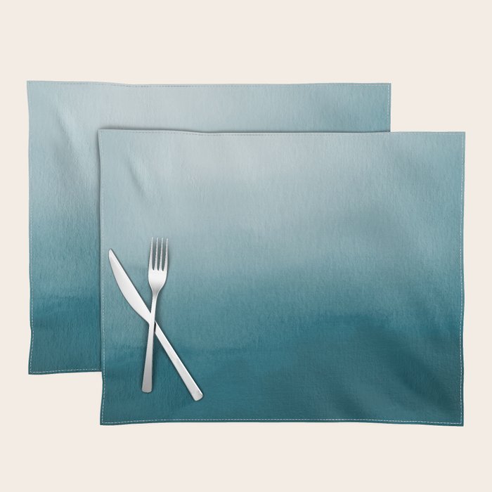Tropical Dark Teal Inspired by Sherwin Williams 2020 Trending Color Oceanside SW6496 Watercolor Ombre Gradient Blend Abstract Art Placemat Gallery Image 1
