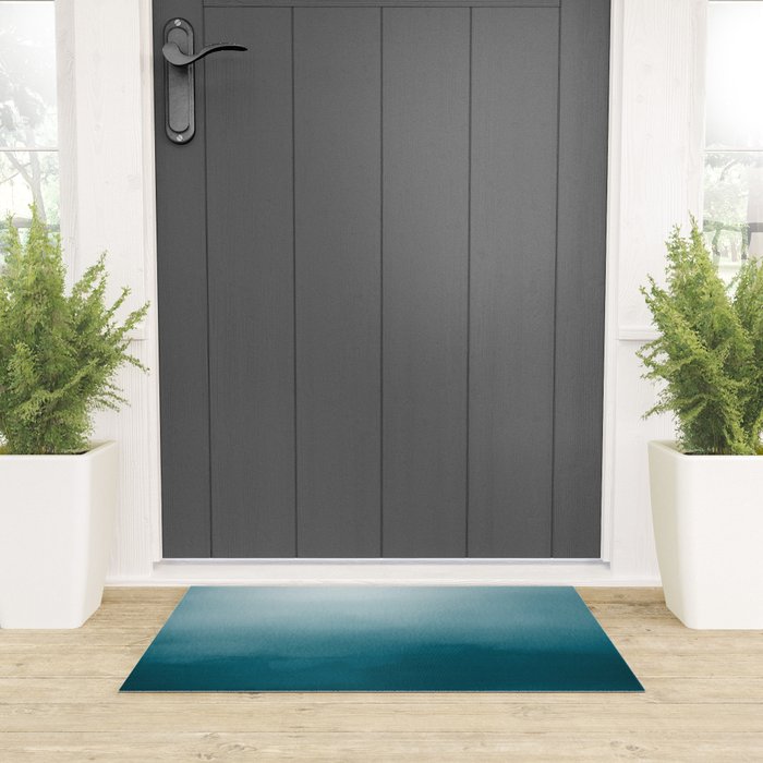 Tropical Dark Teal Inspired by Sherwin Williams 2020 Trending Color Oceanside SW6496 Watercolor Ombre Gradient Blend Abstract Art Welcome Mat Gallery Image 3