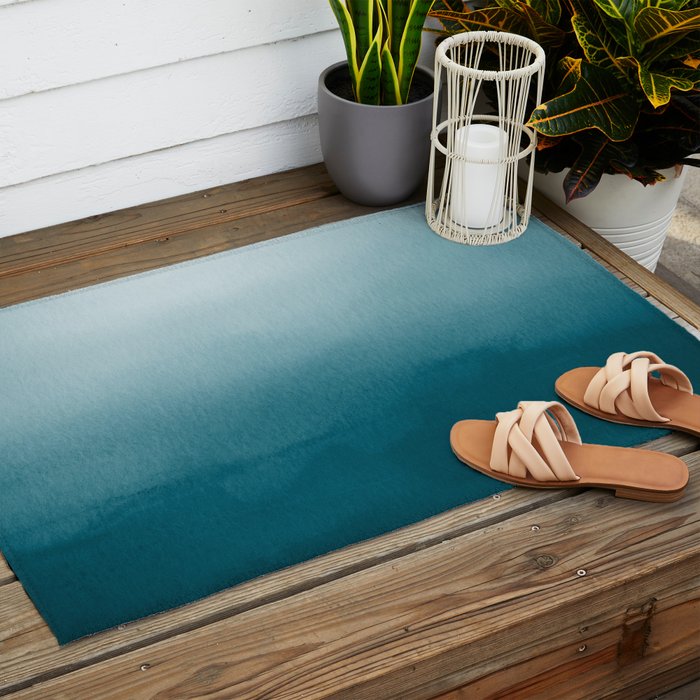 Tropical Dark Teal Inspired by Sherwin Williams 2020 Trending Color Oceanside SW6496 Watercolor Ombre Gradient Blend Abstract Art Outdoor Rug Gallery Image 2