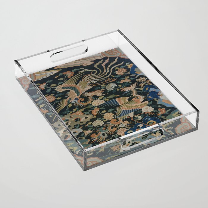 Antique 17th Century Phoenixes Chinese Qing Dynasty Tapestry Acrylic Tray Gallery Image 1