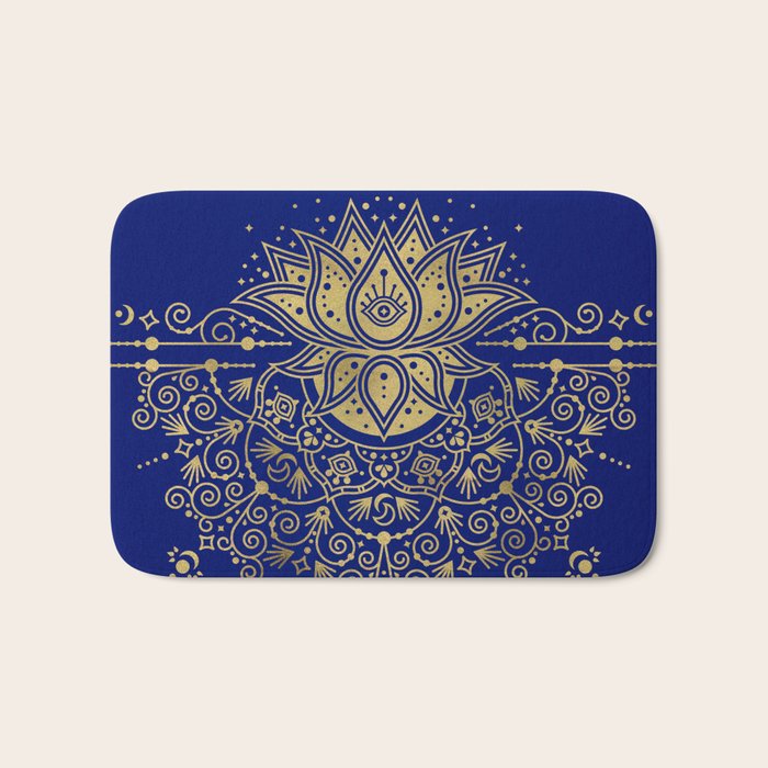 Sacred Lotus Mandala - Navy & Gold Palette Bath Mat Gallery Image 1