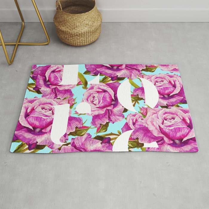 Love, Floral Typography Valentine's Graphic Design, Eclectic Modern Boho Botanical Rose Illustration Rug Gallery Image 1