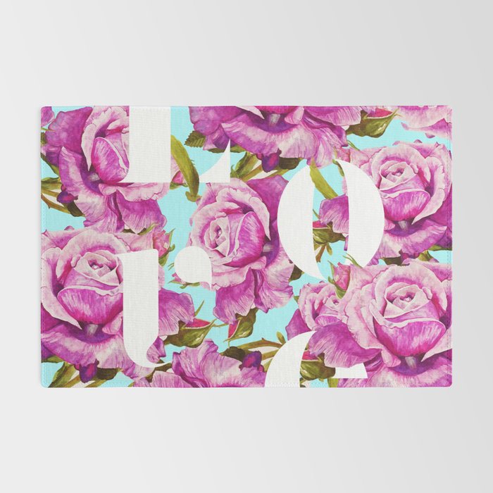 Love, Floral Typography Valentine's Graphic Design, Eclectic Modern Boho Botanical Rose Illustration Rug Gallery Image 2