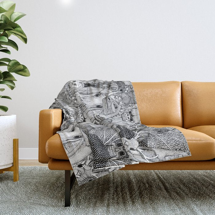 cryptid crowd black white Throw Blanket Gallery Image 1