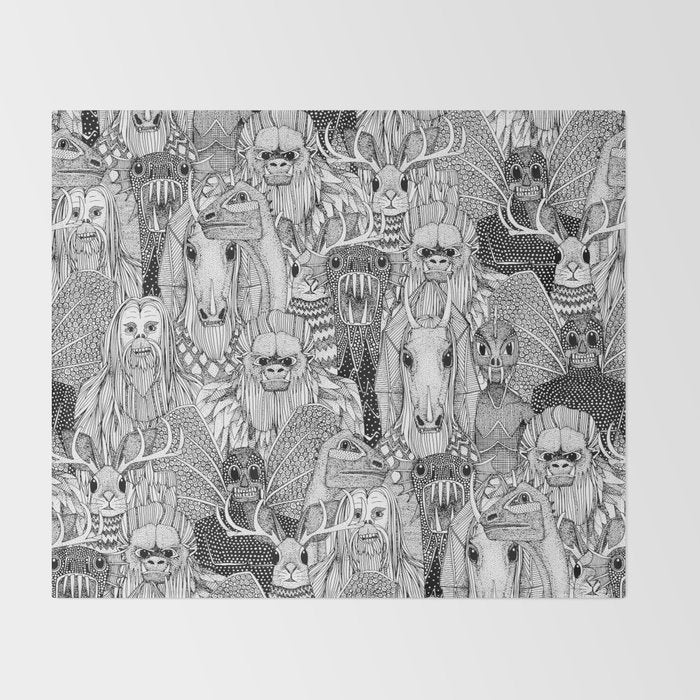 cryptid crowd black white Throw Blanket Gallery Image 2