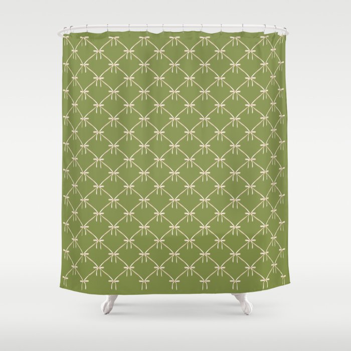 Bows & Ribbons Pattern XXIII Olive Green Shower Curtain Gallery Image 1