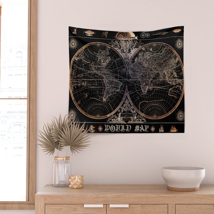 world map old vintage black Wall Tapestry Gallery Image 2