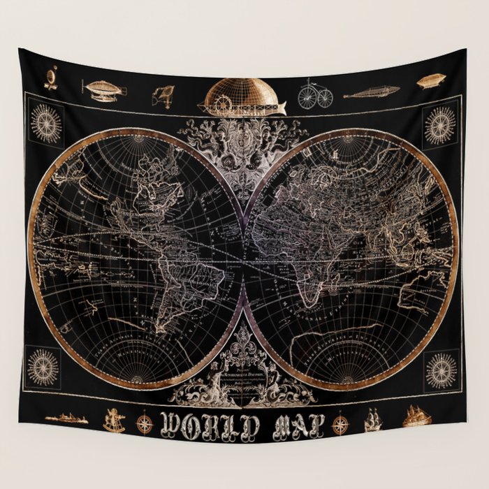world map old vintage black Wall Tapestry Gallery Image 4