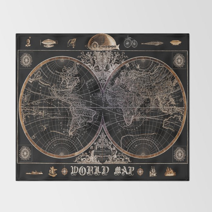 world map old vintage black Throw Blanket Gallery Image 2