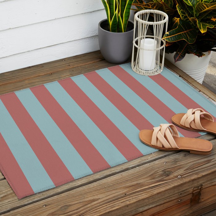 Dusty Pink Greyish Blue Stripe Outdoor Rug Gallery Image 2
