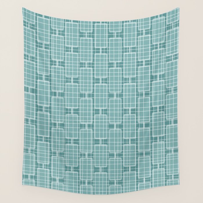 Mid Century Modern Woven Link Pattern in Teal Wall Tapestry Gallery Image 4