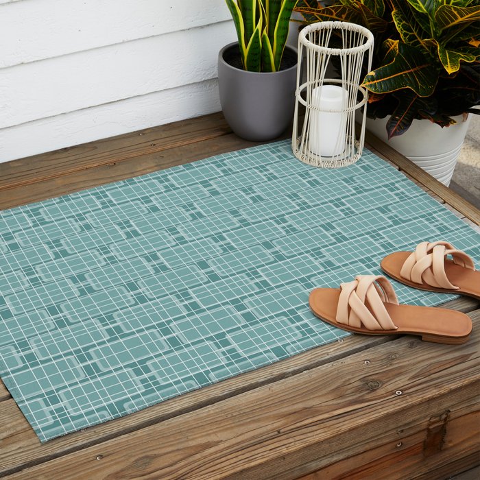 Mid Century Modern Woven Link Pattern in Teal Outdoor Rug Gallery Image 2