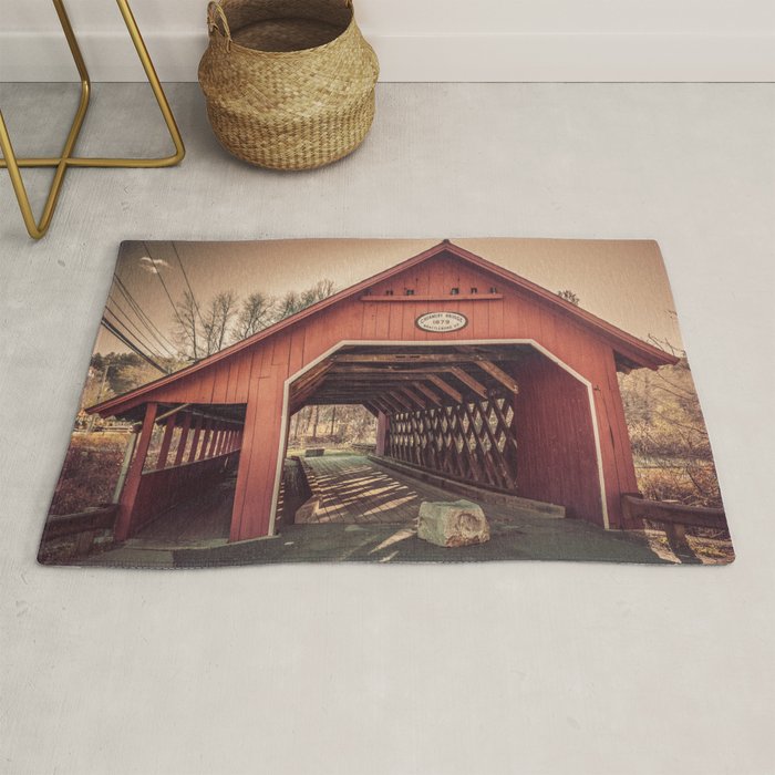 Creamery Covered Bridge Battleboro Vermont Red Historic Romantic Enclosure  Rug Gallery Image 1