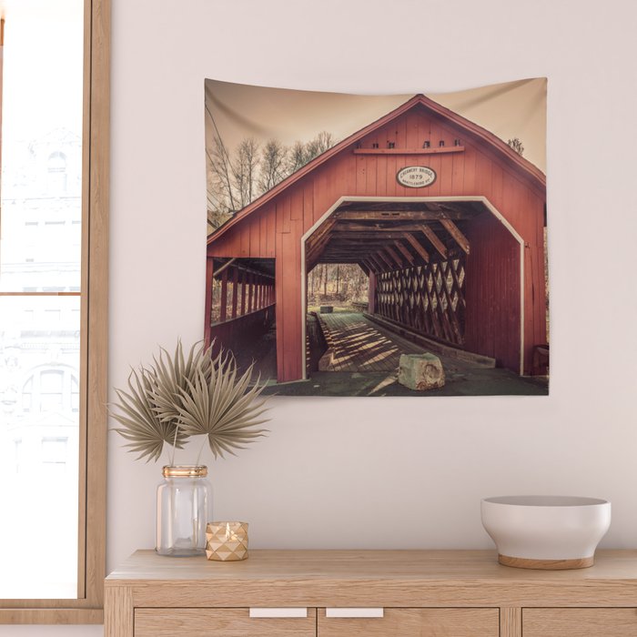 Creamery Covered Bridge Battleboro Vermont Red Historic Romantic Enclosure  Wall Tapestry Gallery Image 2