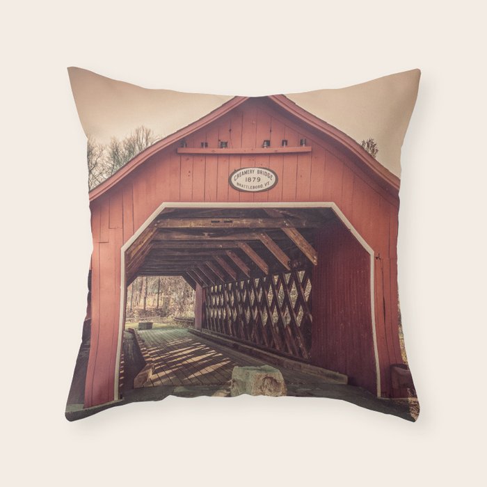 Creamery Covered Bridge Battleboro Vermont Red Historic Romantic Enclosure  Throw Pillow Gallery Image 1