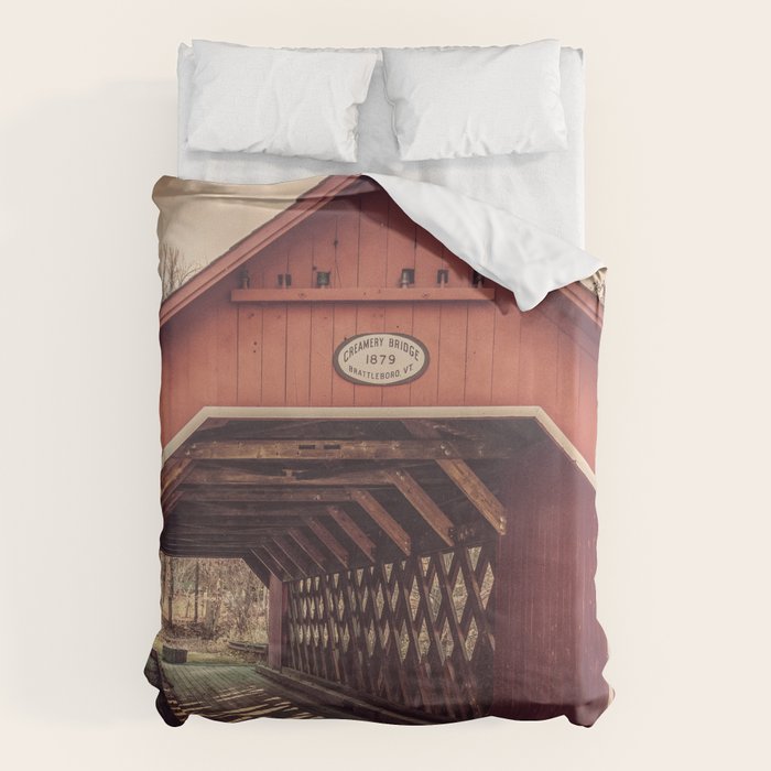 Creamery Covered Bridge Battleboro Vermont Red Historic Romantic Enclosure  Duvet Cover Gallery Image 1