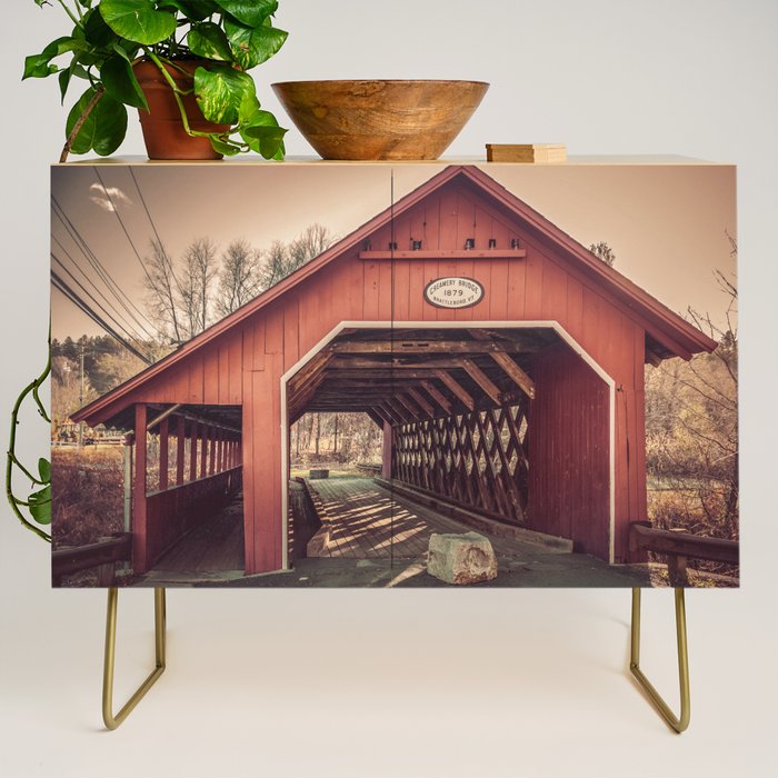 Creamery Covered Bridge Battleboro Vermont Red Historic Romantic Enclosure  Credenza Gallery Image 1