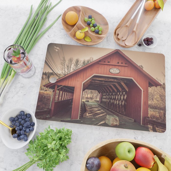 Creamery Covered Bridge Battleboro Vermont Red Historic Romantic Enclosure  Cutting Board Gallery Image 2