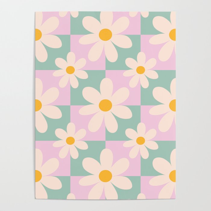 Daisy checkered pattern - Lilac and turquoise  Poster Gallery Image 1
