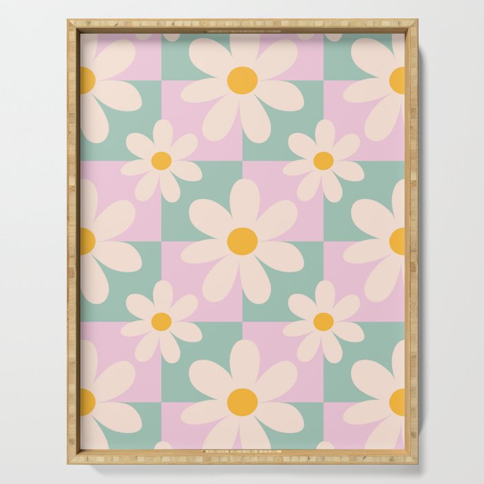 Daisy checkered pattern - Lilac and turquoise  Serving Tray Gallery Image 1