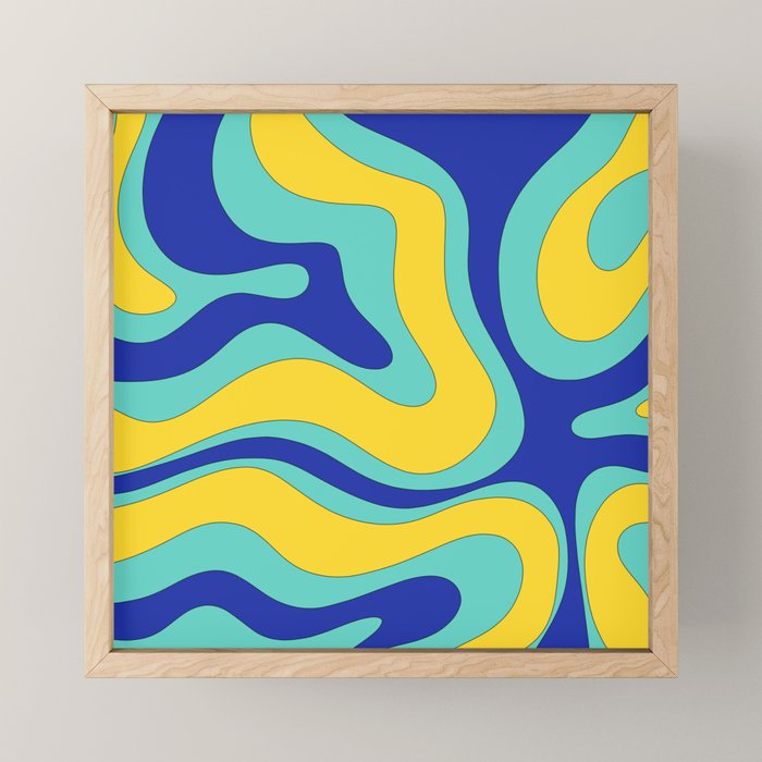 Modern Retro Liquid Swirl Funky Abstract Pattern Blue Aqua Yellow Mini Art Print Gallery Image 1