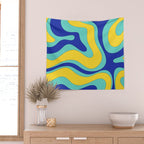 Modern Retro Liquid Swirl Funky Abstract Pattern Blue Aqua Yellow Wall Tapestry Gallery Image 2