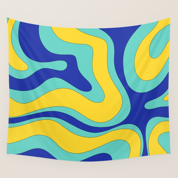 Modern Retro Liquid Swirl Funky Abstract Pattern Blue Aqua Yellow Wall Tapestry Gallery Image 4