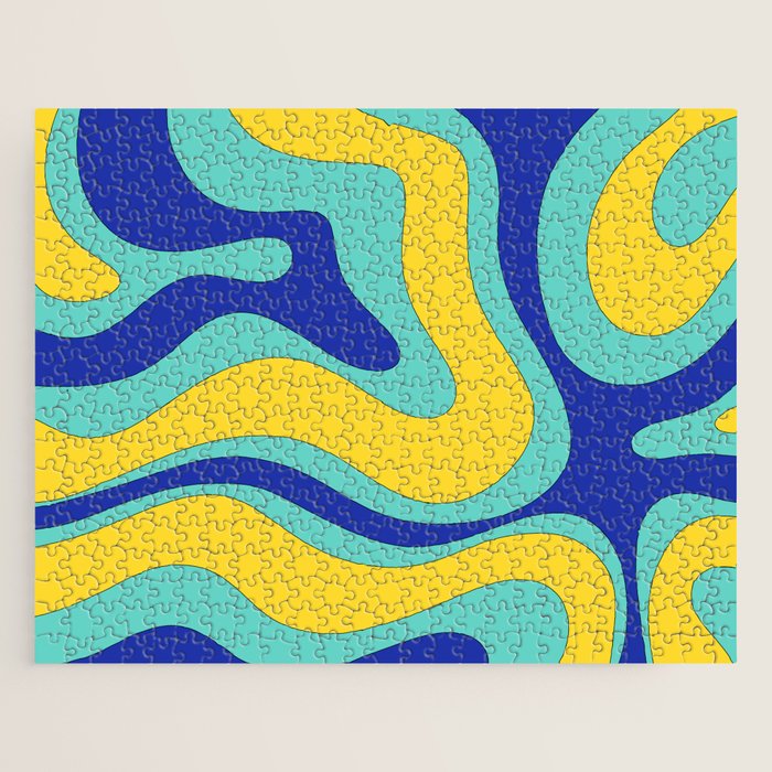 Modern Retro Liquid Swirl Funky Abstract Pattern Blue Aqua Yellow Jigsaw Puzzle Gallery Image 1