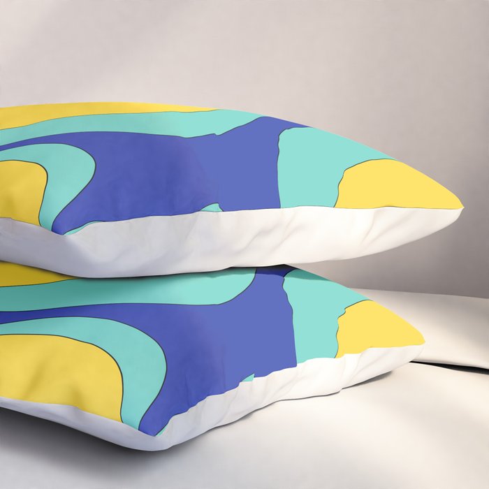 Modern Retro Liquid Swirl Funky Abstract Pattern Blue Aqua Yellow Pillow Sham Gallery Image 3