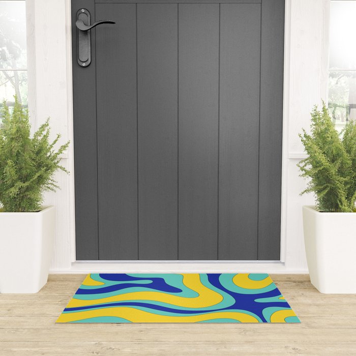 Modern Retro Liquid Swirl Funky Abstract Pattern Blue Aqua Yellow Welcome Mat Gallery Image 3