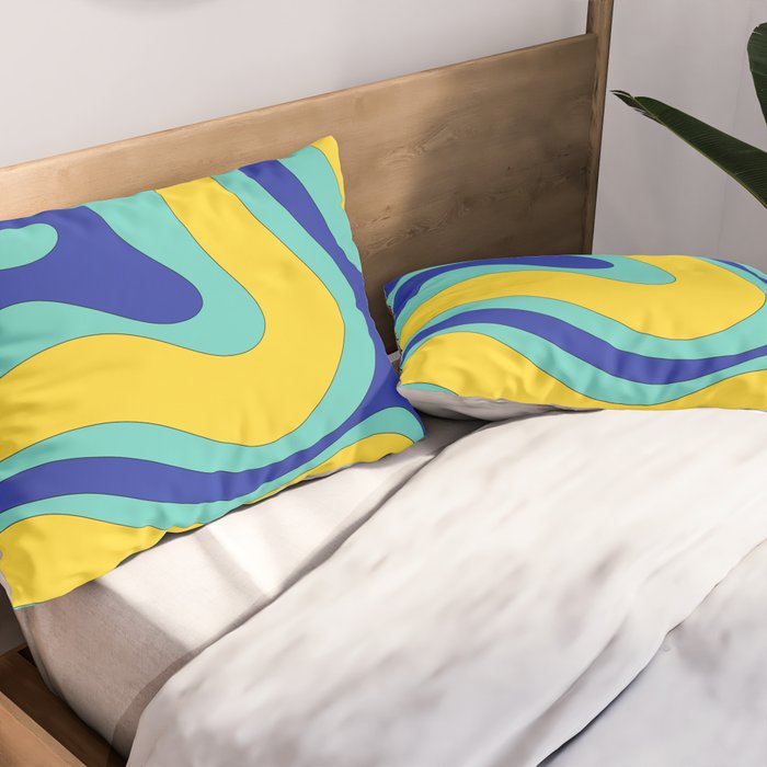 Modern Retro Liquid Swirl Funky Abstract Pattern Blue Aqua Yellow Pillow Sham Gallery Image 2