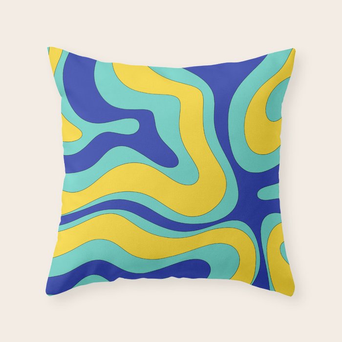 Modern Retro Liquid Swirl Funky Abstract Pattern Blue Aqua Yellow Throw Pillow Gallery Image 1