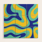 Modern Retro Liquid Swirl Funky Abstract Pattern Blue Aqua Yellow Wood Wall Art Gallery Image 1