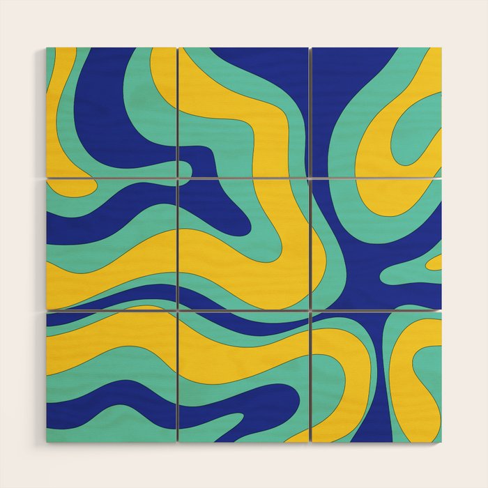 Modern Retro Liquid Swirl Funky Abstract Pattern Blue Aqua Yellow Wood Wall Art Gallery Image 1