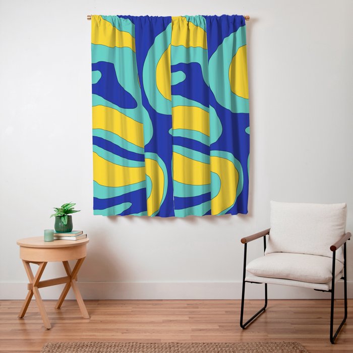 Modern Retro Liquid Swirl Funky Abstract Pattern Blue Aqua Yellow Window Curtain Gallery Image 3