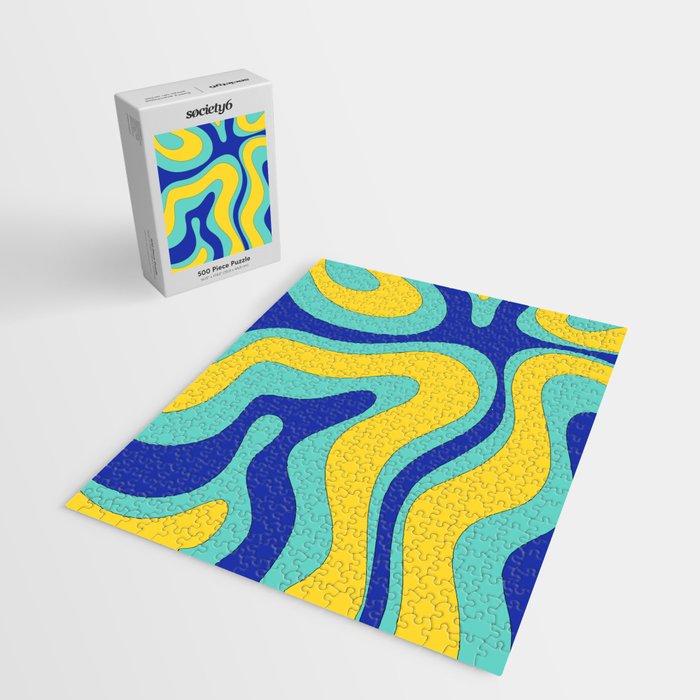 Modern Retro Liquid Swirl Funky Abstract Pattern Blue Aqua Yellow Jigsaw Puzzle Gallery Image 2