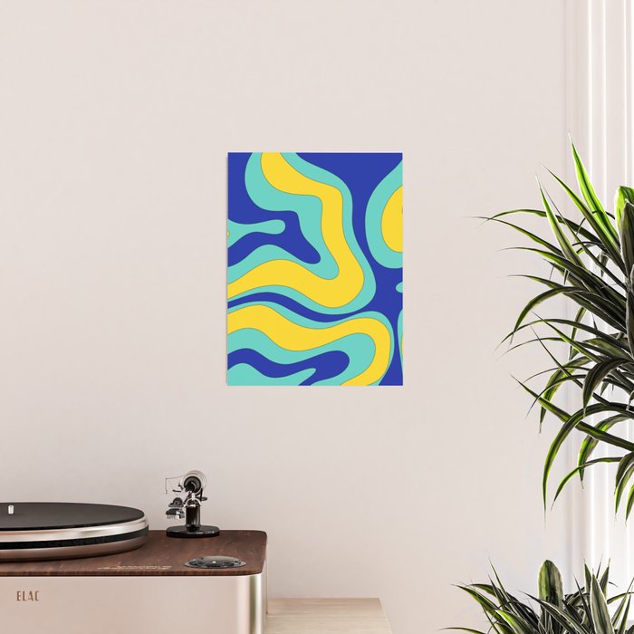 Modern Retro Liquid Swirl Funky Abstract Pattern Blue Aqua Yellow Poster Gallery Image 2