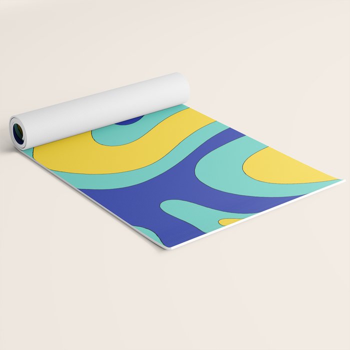 Modern Retro Liquid Swirl Funky Abstract Pattern Blue Aqua Yellow Yoga Mat Gallery Image 2