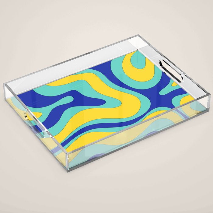 Modern Retro Liquid Swirl Funky Abstract Pattern Blue Aqua Yellow Acrylic Tray Gallery Image 1