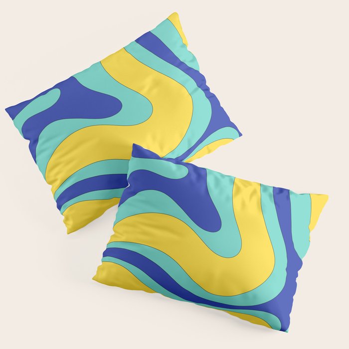 Modern Retro Liquid Swirl Funky Abstract Pattern Blue Aqua Yellow Pillow Sham Gallery Image 1