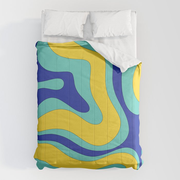 Modern Retro Liquid Swirl Funky Abstract Pattern Blue Aqua Yellow Comforter Gallery Image 6