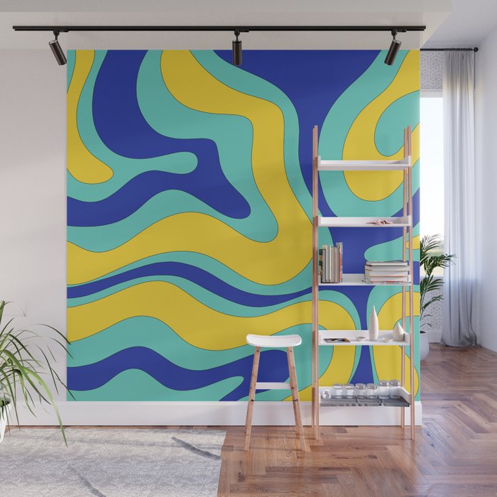 Modern Retro Liquid Swirl Funky Abstract Pattern Blue Aqua Yellow Wall Mural Gallery Image 1