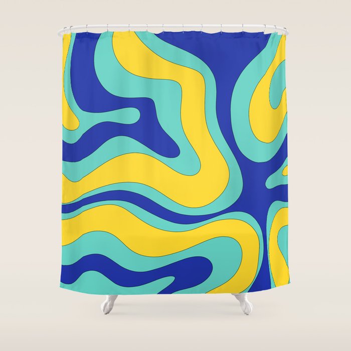 Modern Retro Liquid Swirl Funky Abstract Pattern Blue Aqua Yellow Shower Curtain Gallery Image 1
