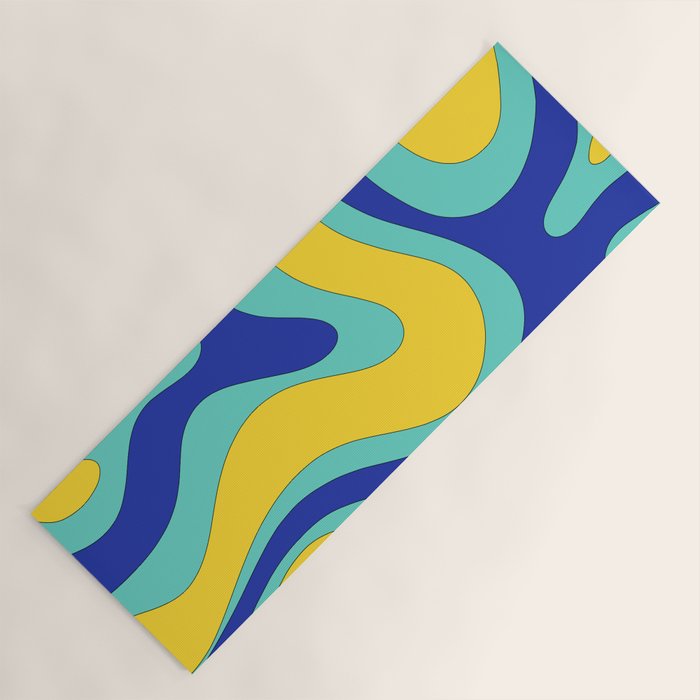 Modern Retro Liquid Swirl Funky Abstract Pattern Blue Aqua Yellow Yoga Mat Gallery Image 1