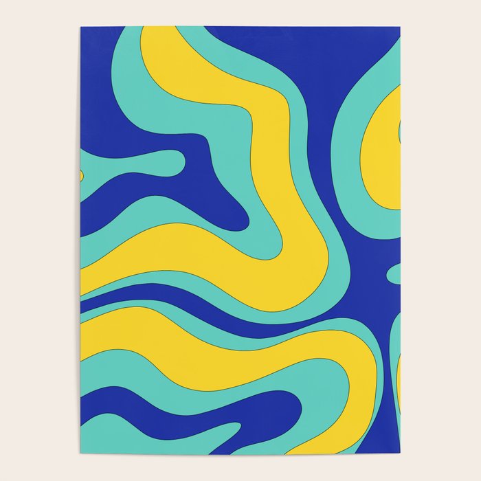 Modern Retro Liquid Swirl Funky Abstract Pattern Blue Aqua Yellow Poster Gallery Image 4