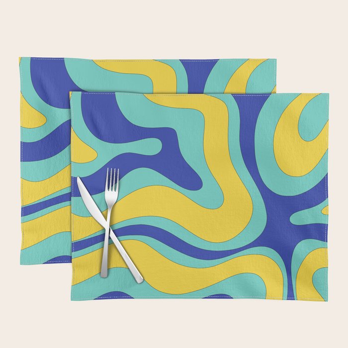 Modern Retro Liquid Swirl Funky Abstract Pattern Blue Aqua Yellow Placemat Gallery Image 1