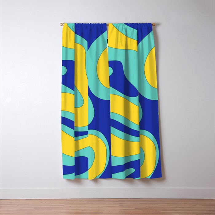 Modern Retro Liquid Swirl Funky Abstract Pattern Blue Aqua Yellow Window Curtain Gallery Image 3